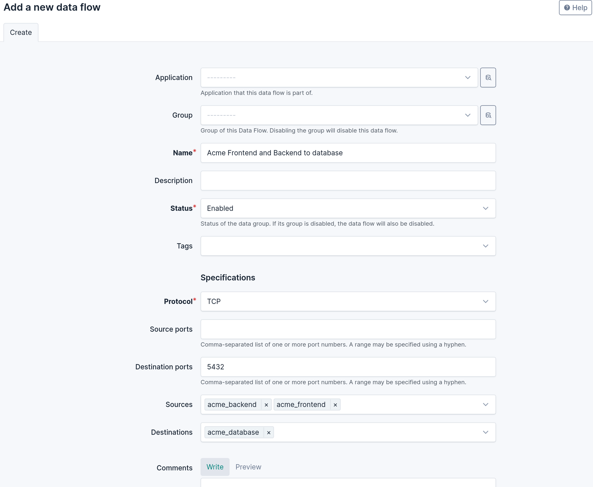 Creation of a data flow for the database